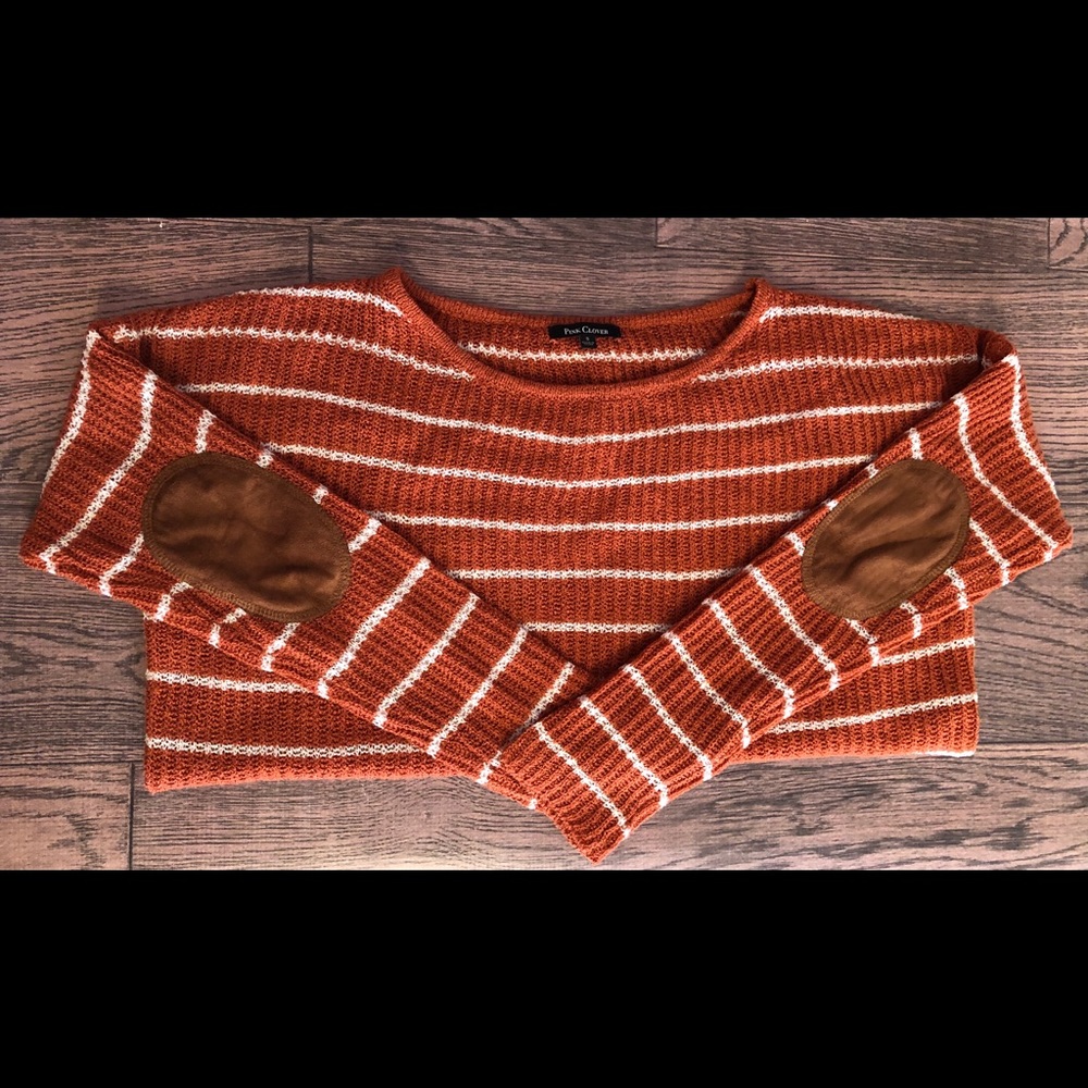 Orange/white stripe sweater, elbow patches